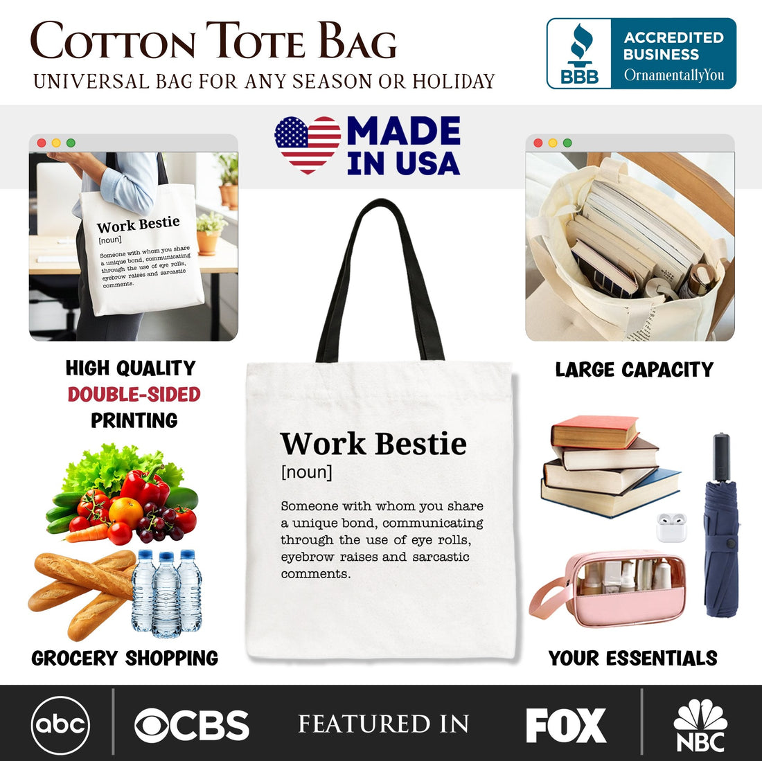 Work Bestie Definition Canvas Tote Bag, Funny Office Gift