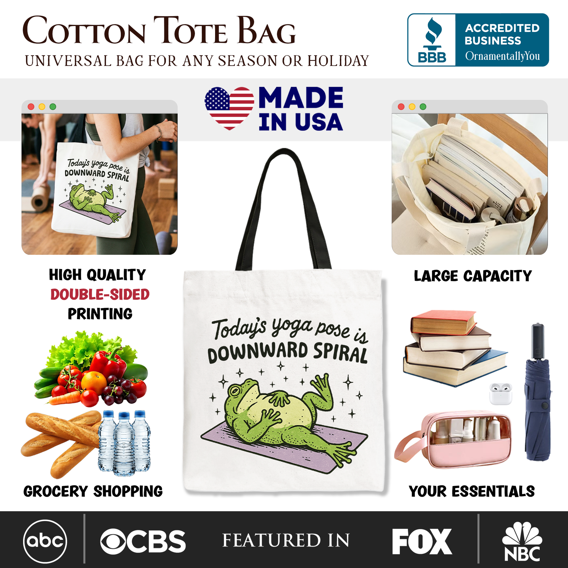 Yoga Frog Downward Spiral Tote Bag – Humorous Cotton Shopper