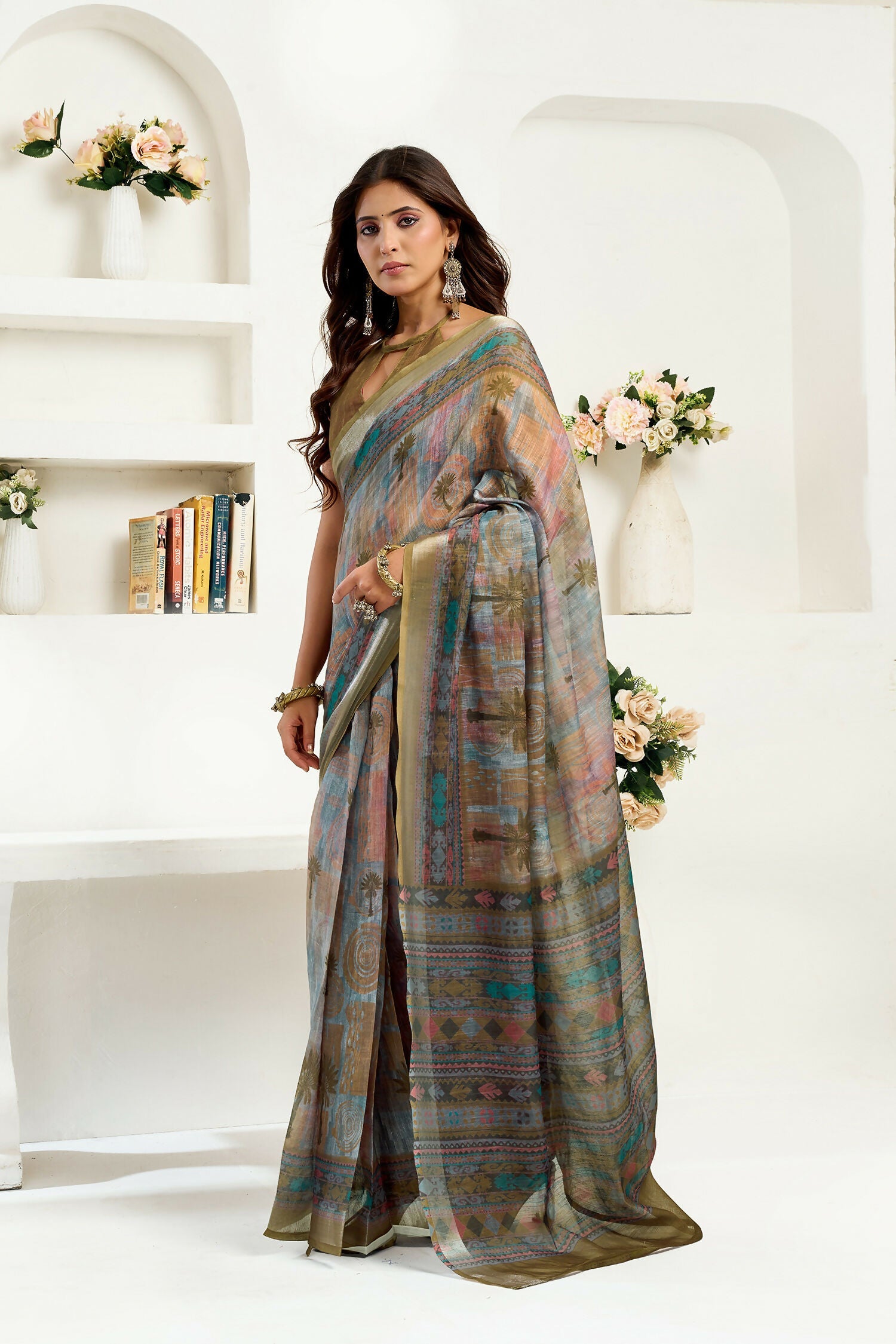 Dusty Green Floral & Ethnic Motif Linen Ready To Wear Saree