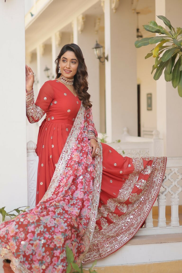 Women's Orange Faux Georgette Sequins Zari Embroidered Anarkali
