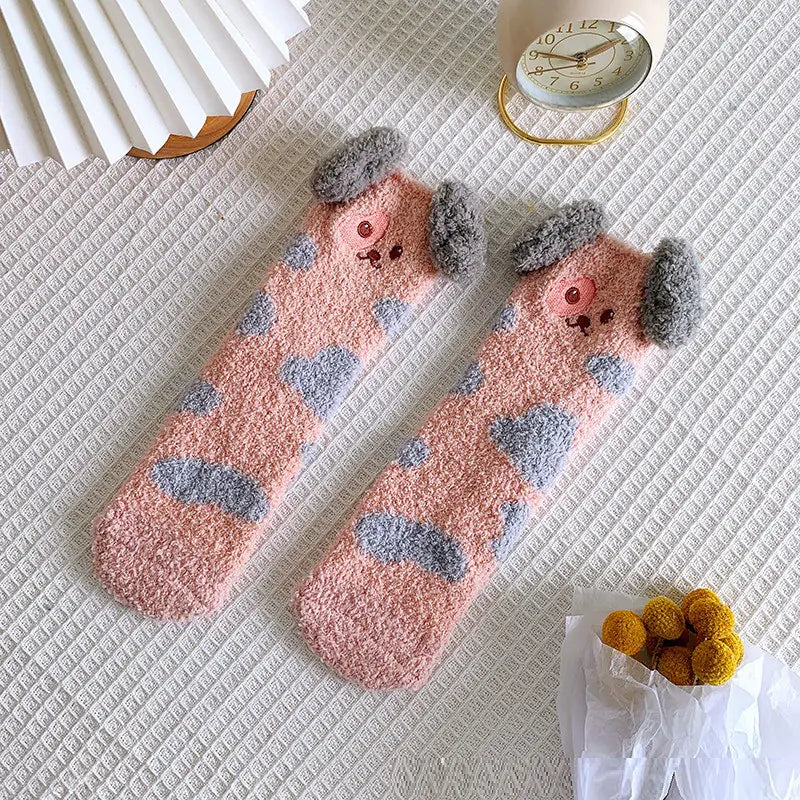 Women's Animal Pattern Coral Fleece Sleeping Socks Mid-Tube - Image 6