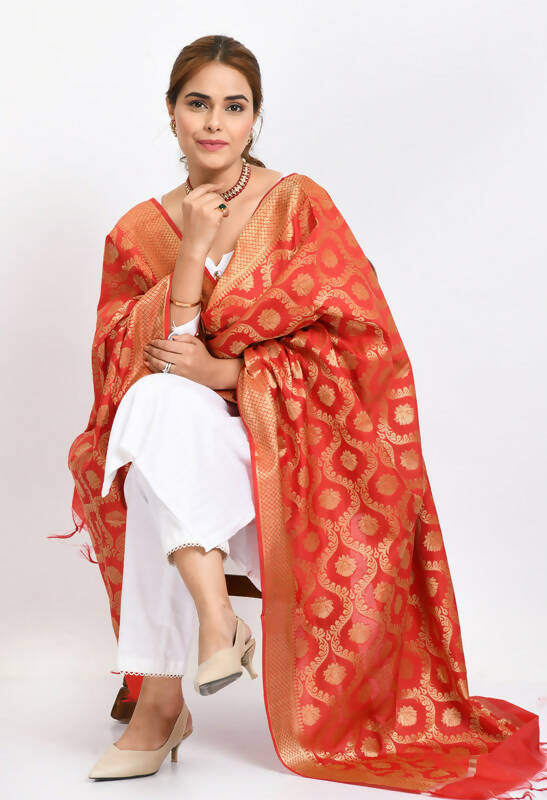 Red Banarasi Silk All-Over Woven Design Dupatta