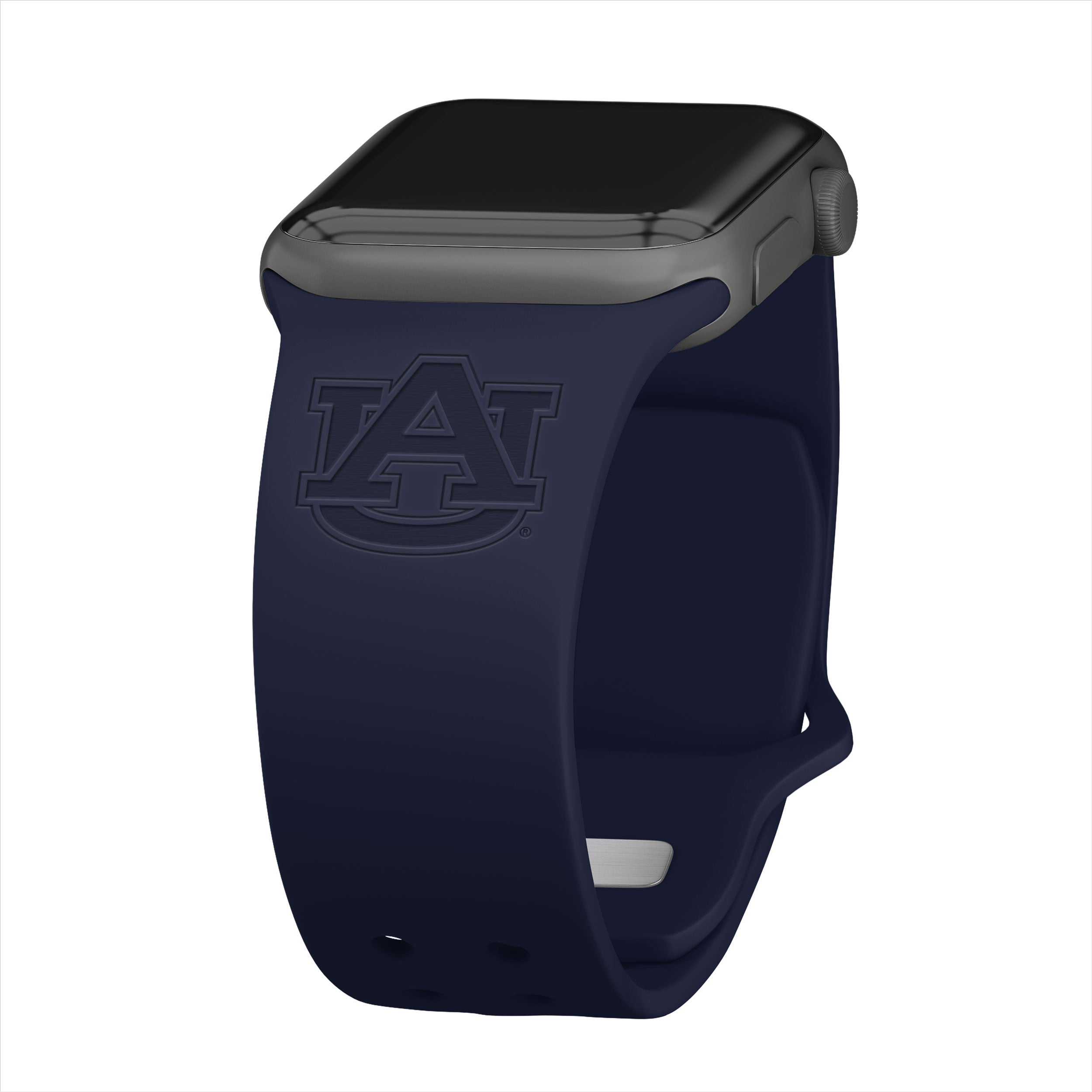 Auburn Tigers logo laser-engraved on a high-quality silicone Apple Watch band.