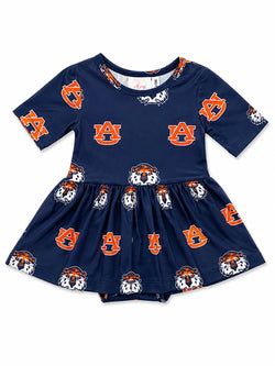Girl wearing Auburn Blue Aubie 3/4 Sleeve Twirl Bodysuit with Auburn University team colors