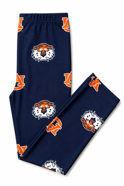 Young girl wearing Auburn Blue Aubie Leggings, perfect for Auburn University game day spirit wear.