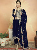 Navy blue velvet straight kurta with sequin and Resham thread embroidery, matching trousers and dupatta.
