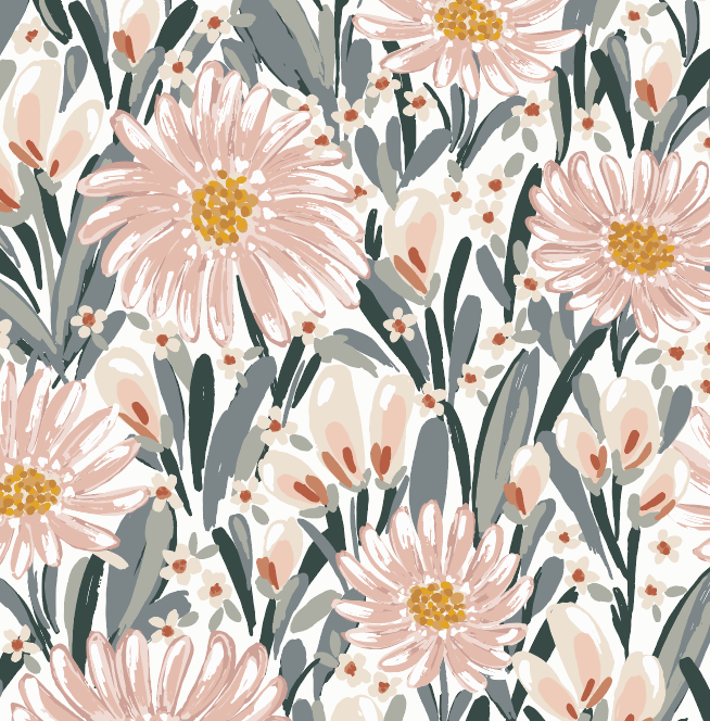 Auden Floral Wallpaper in Peach and Sage-Green Bohemian Design