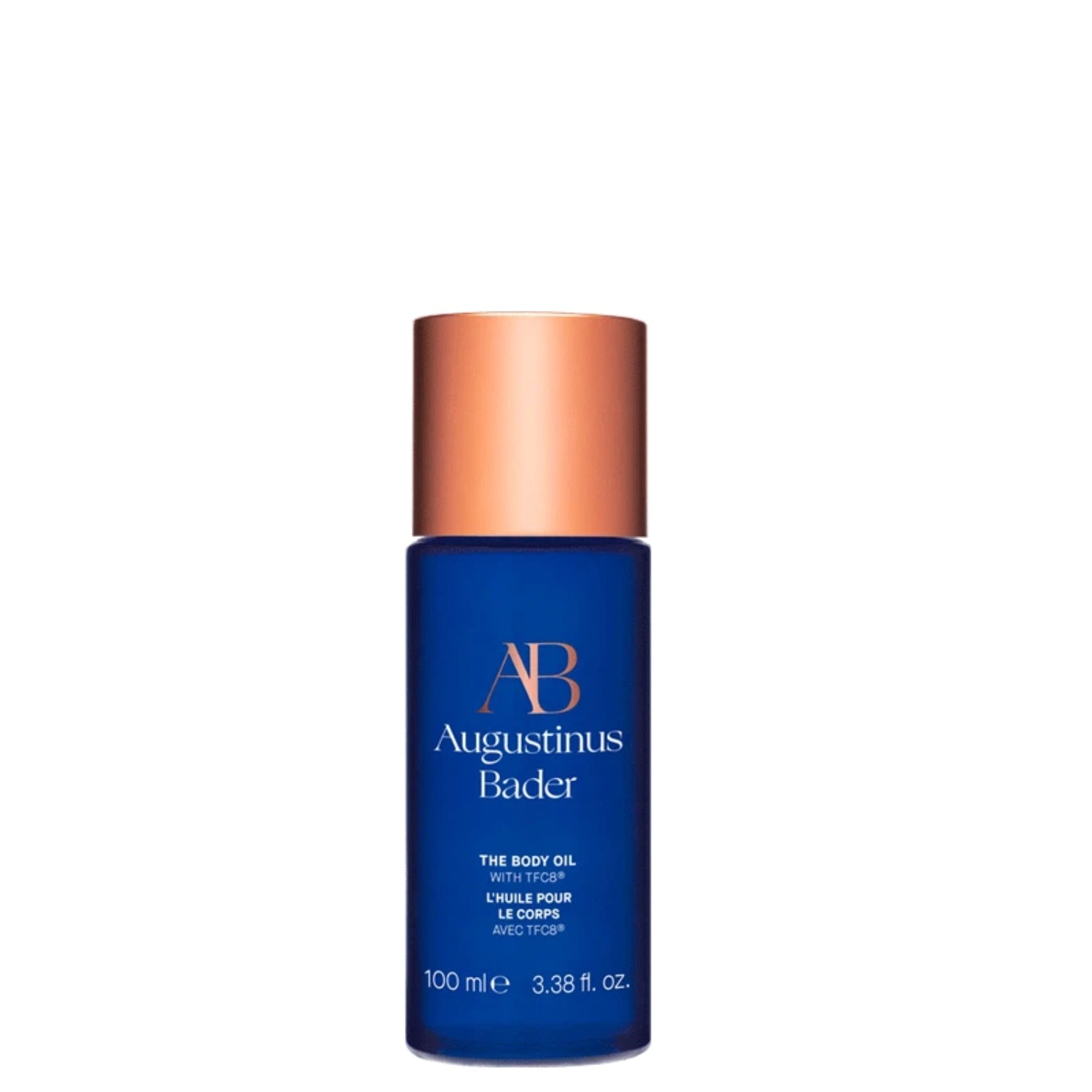 Augustinus Bader The Body Oil bottle, featuring blue and copper aesthetic.