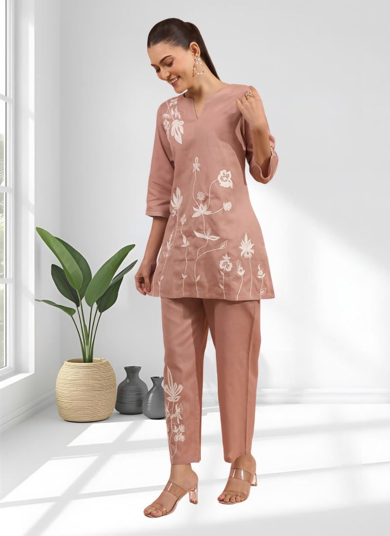 Powder Pink Cotton Linen Embroidered Cord Set with V-Neck Top