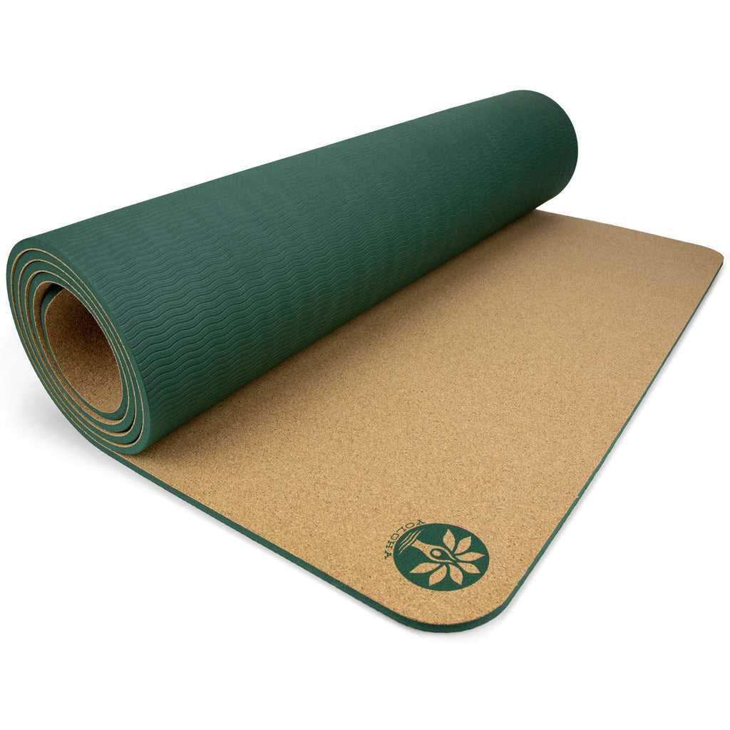 Minimalist green and brown Aura cork yoga mat with sustainable Plant Foam base