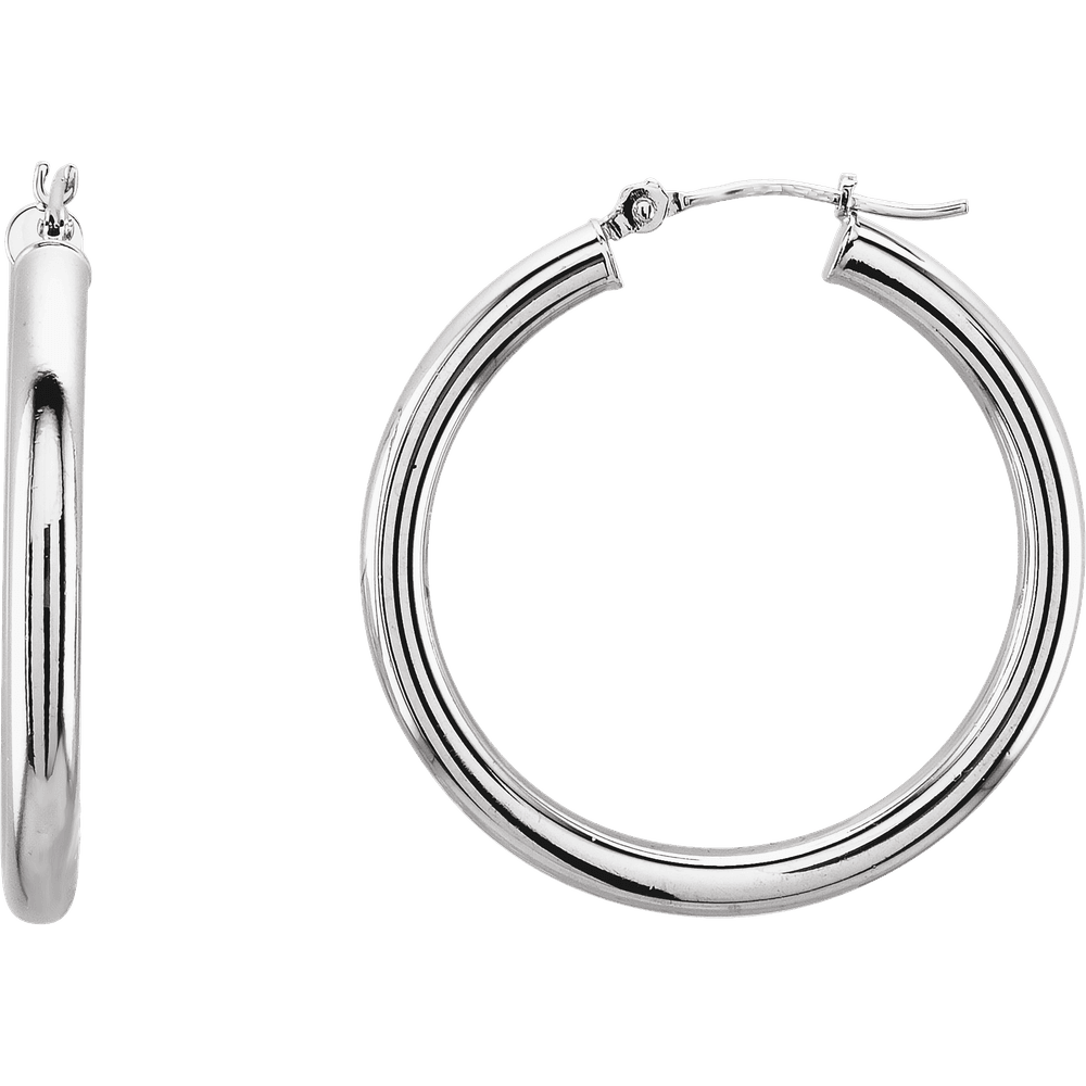 A pair of 25mm solid 14K white gold hoop earrings with a polished rhodium finish