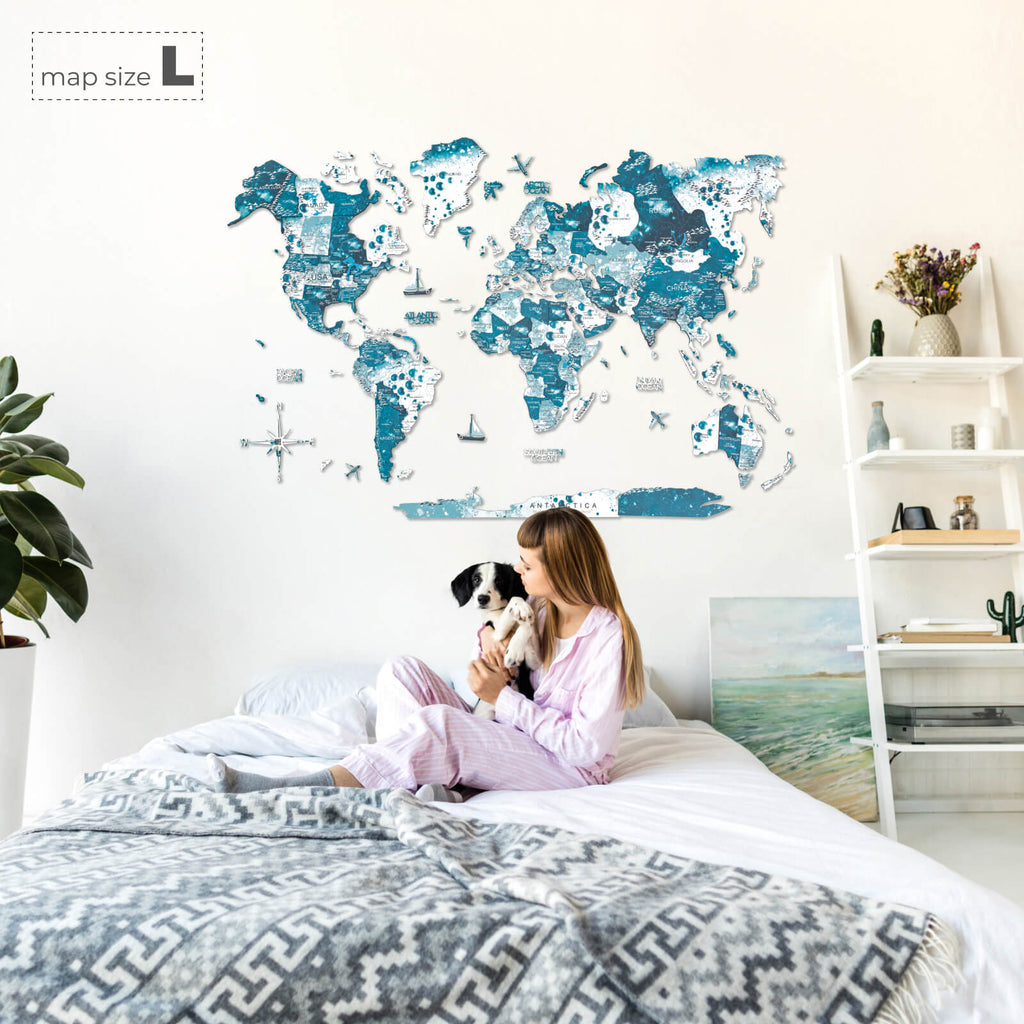 3D Wooden World Map Aurora Blue Wall Art for Home Decor