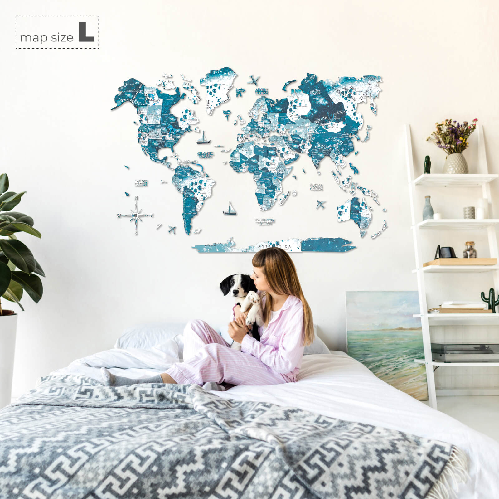 3D Wooden World Map Aurora Blue Wall Art for Home Decor