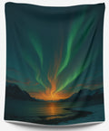 Aurora Ember tapestry showing a vibrant green aurora borealis over snowy mountains at night.