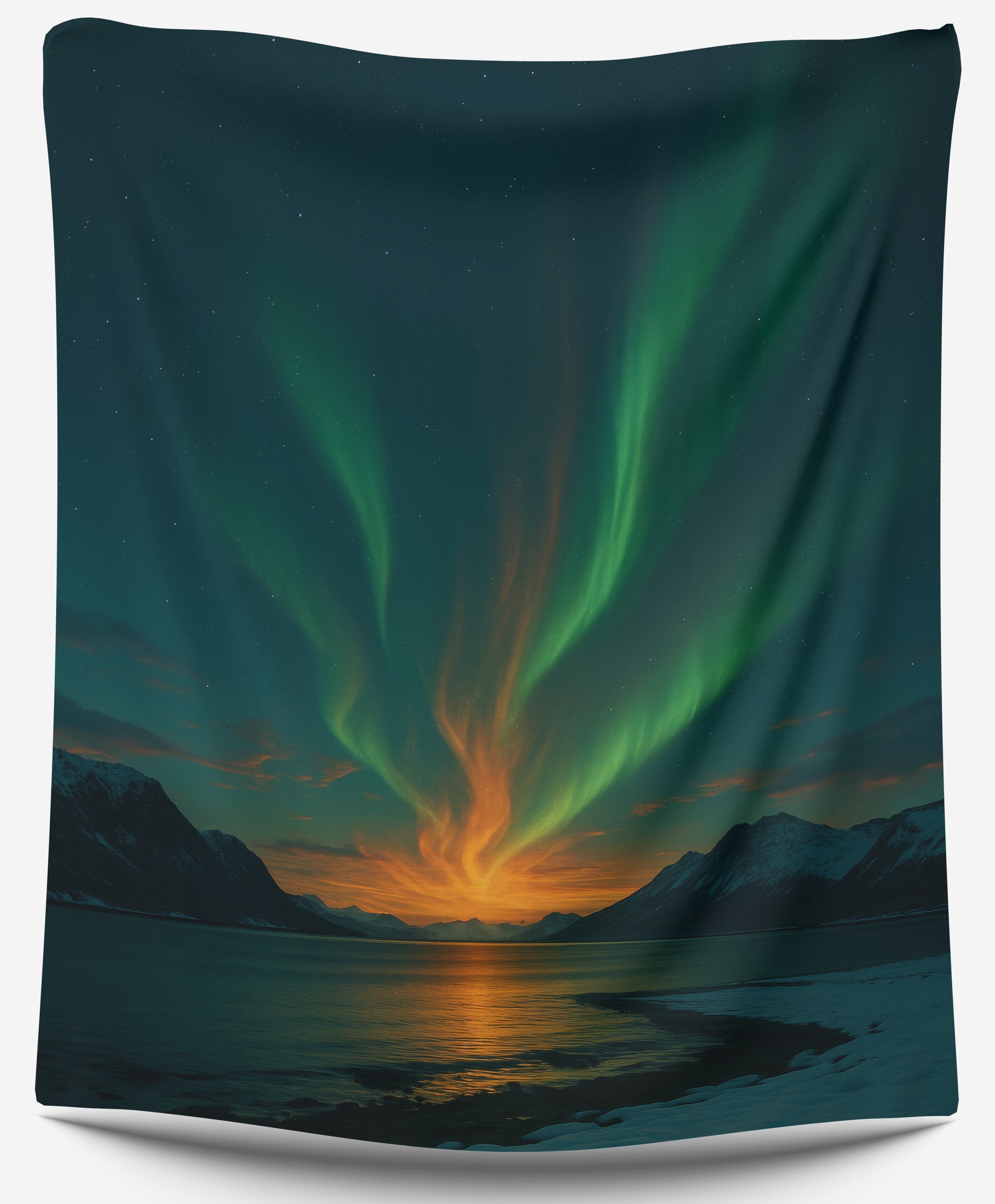 Aurora Ember tapestry showing a vibrant green aurora borealis over snowy mountains at night.