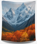 Autumnspire Peaks tapestry featuring gold and orange autumn trees against snow-capped mountain peaks.