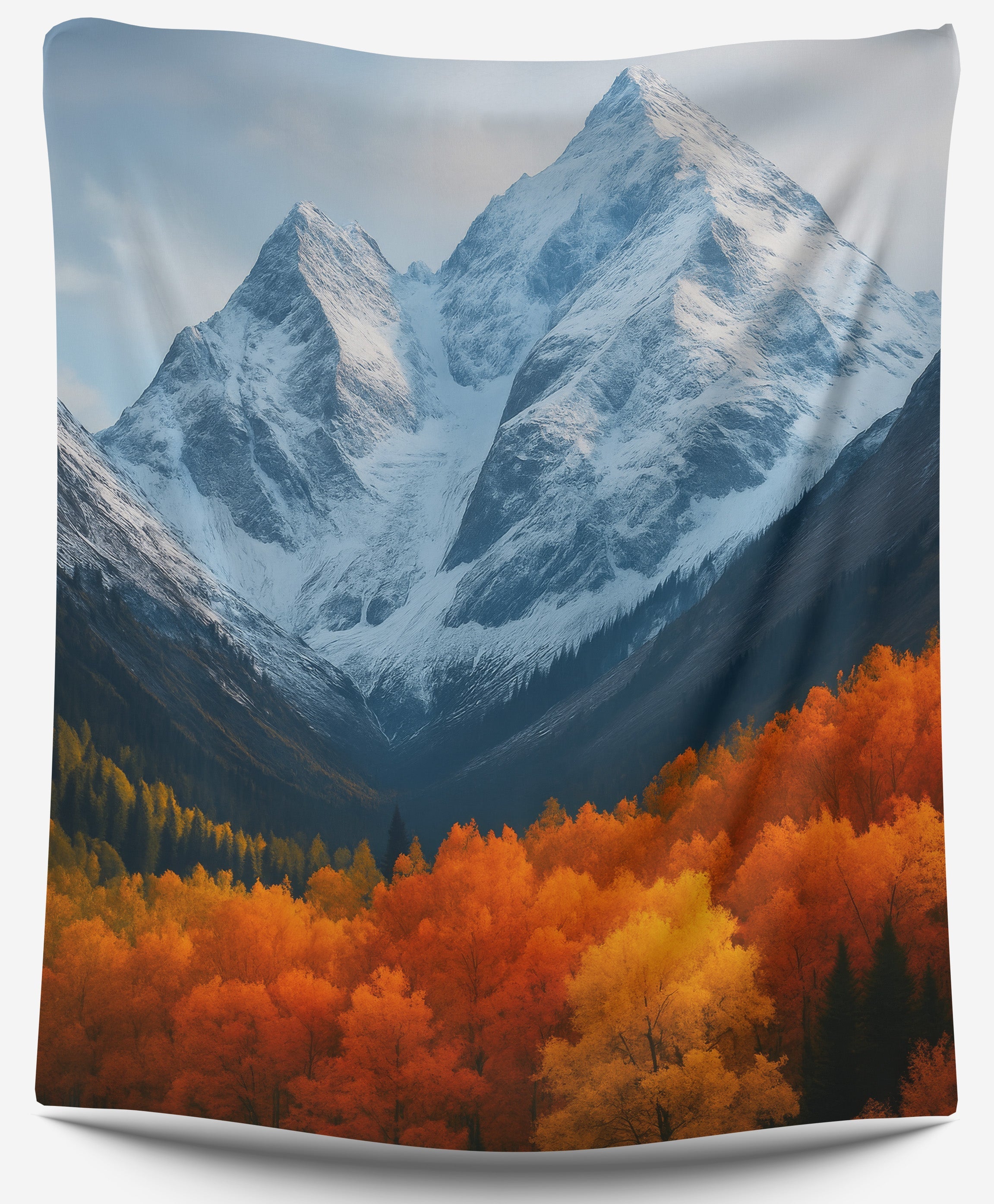 Autumnspire Peaks tapestry featuring gold and orange autumn trees against snow-capped mountain peaks.