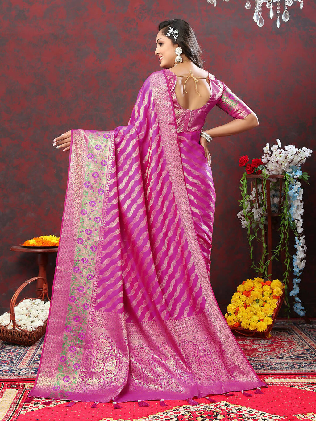 Magenta Leheriya Soft Silk Saree with Zari Weaving