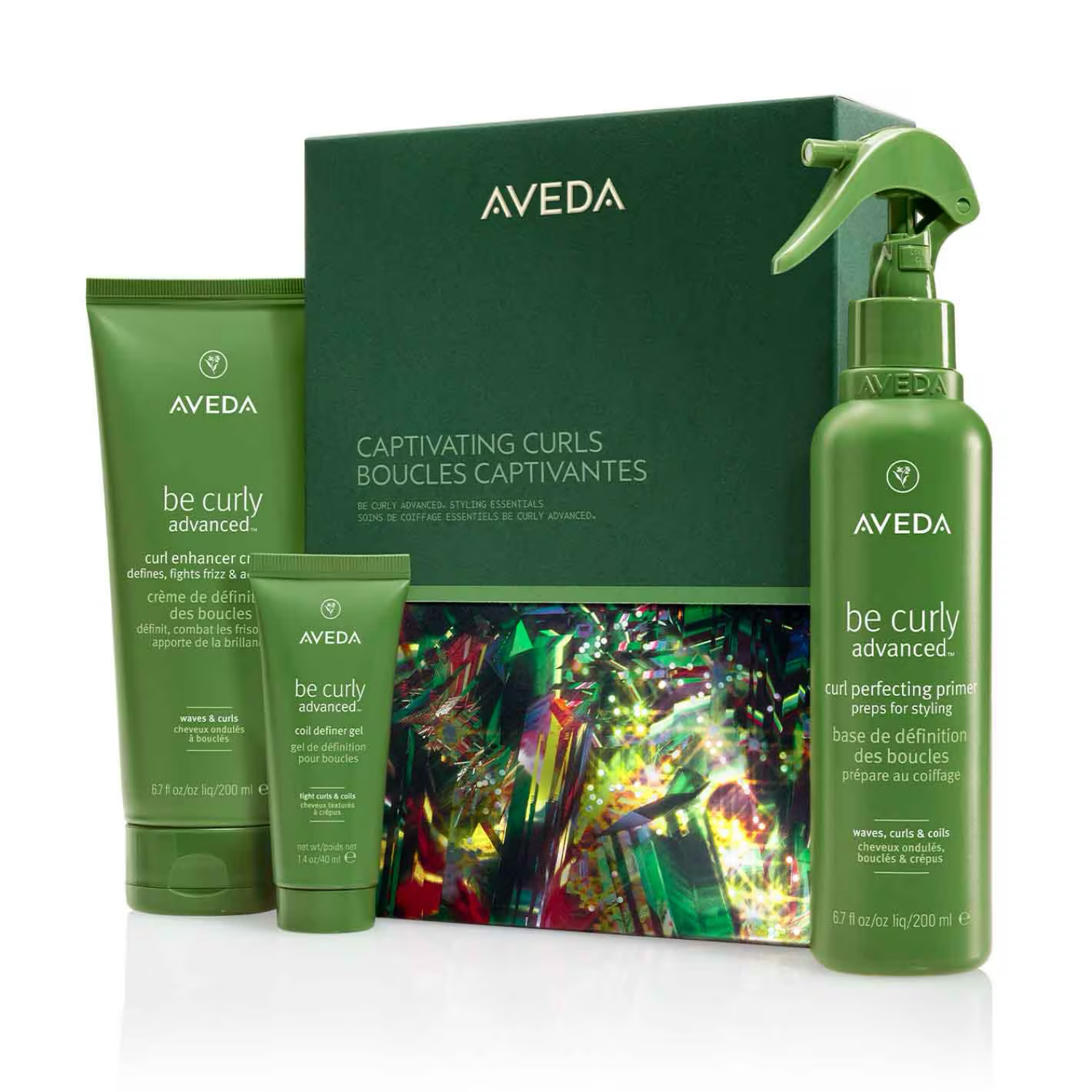 Aveda Be Curly Advanced Styling Essentials set featuring a tube of curl enhancer cream, coil definer gel, and curl perfecting primer.