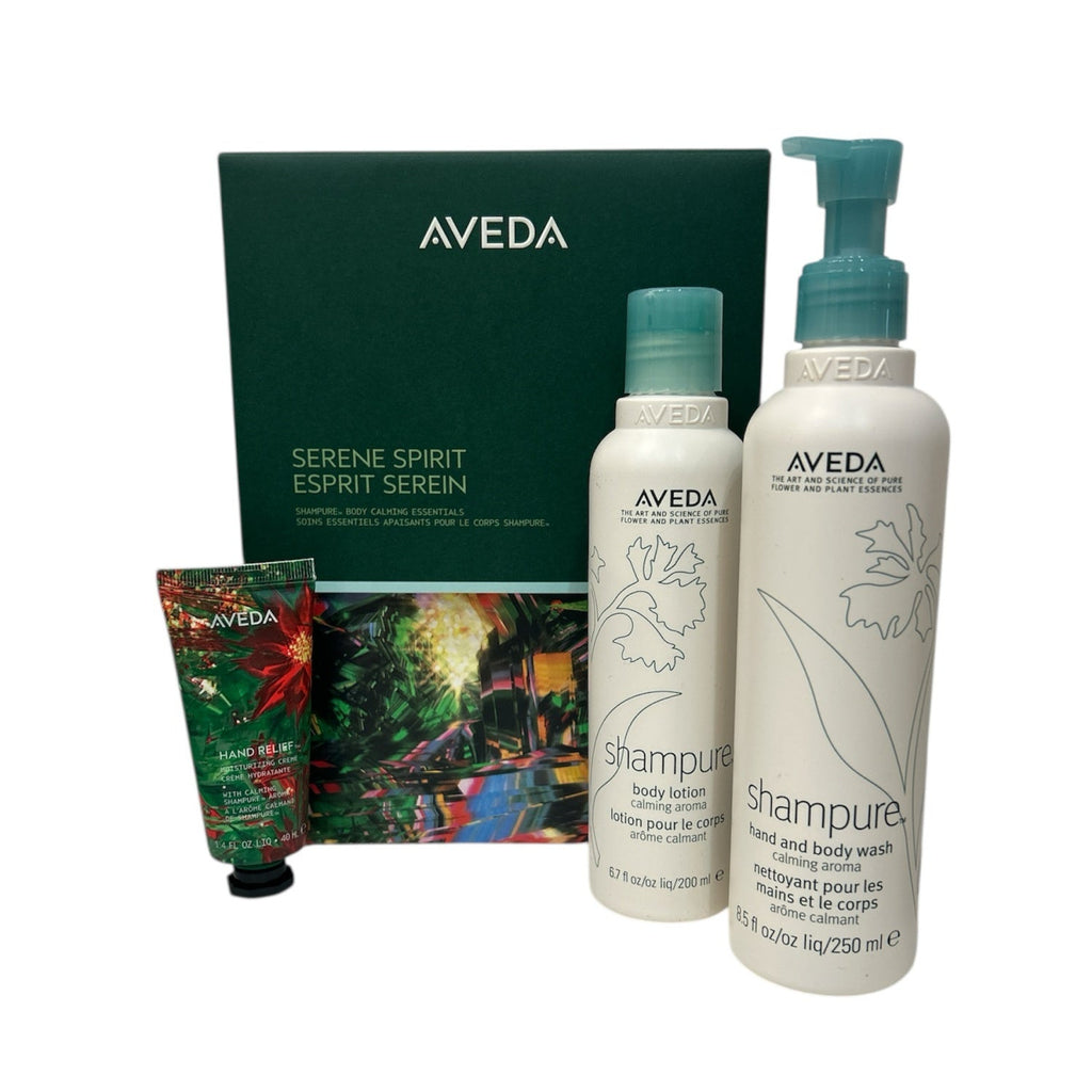 Aveda Shampure Body Calming Essentials 3-piece gift set with soothing floral branding