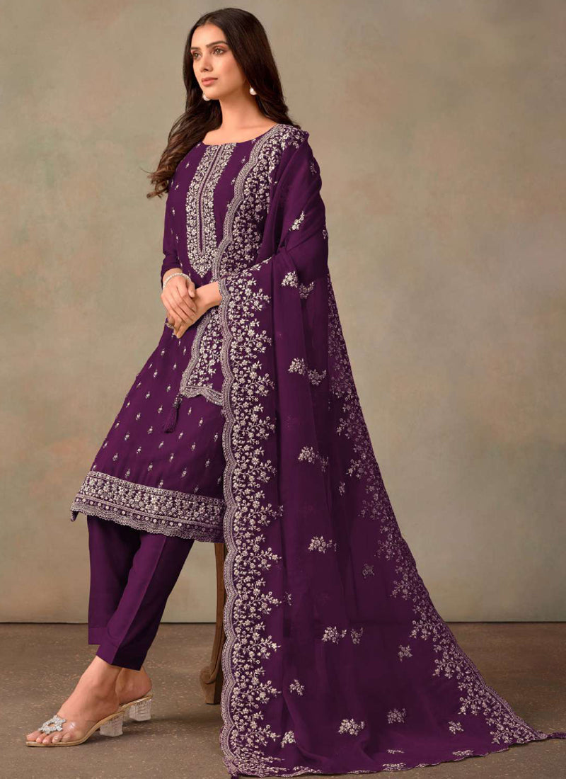 Violet Organza A-Line Salwar Suit with Elegant Embroidery Work