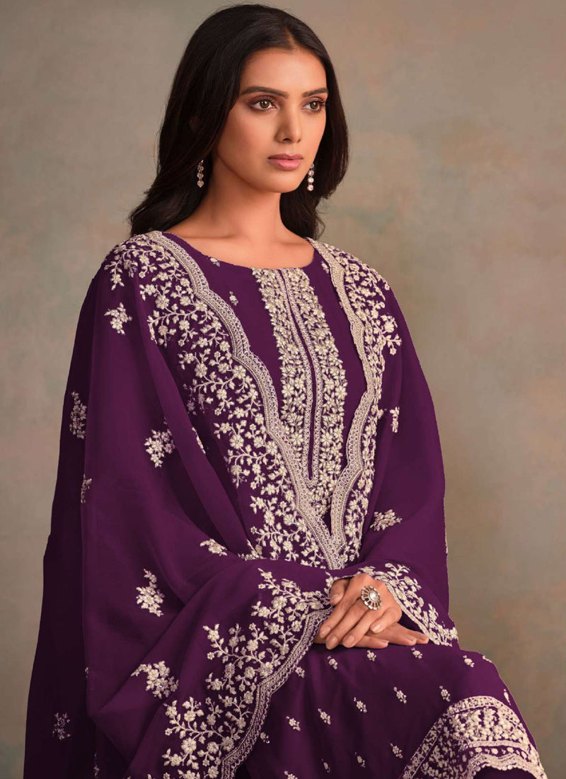 Violet Organza A-Line Salwar Suit with Elegant Embroidery Work