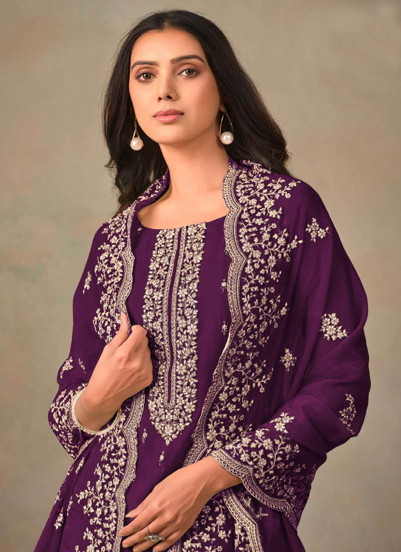 Violet Organza A-Line Salwar Suit with Elegant Embroidery Work