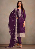Violet A-line organza salwar suit with detailed embroidery work and dupatta