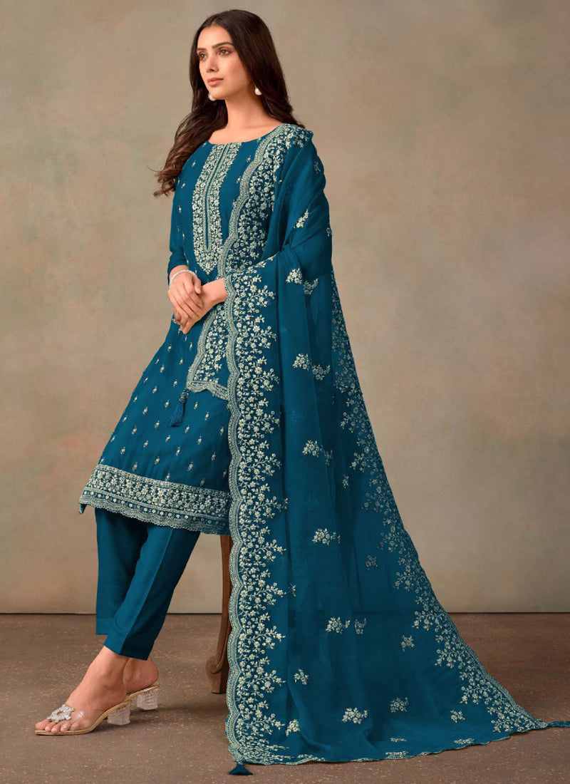 Aqua Blue Organza Embroidered Designer Salwar Suit