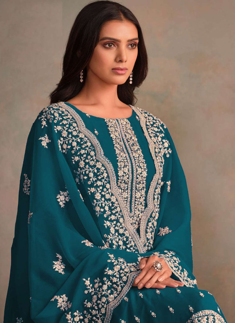 Aqua Blue Organza Embroidered Designer Salwar Suit
