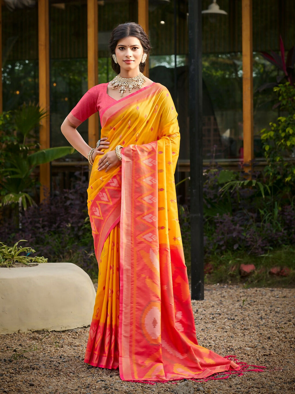 Yellow Soft Silk Saree with Pink Contrast Blouse