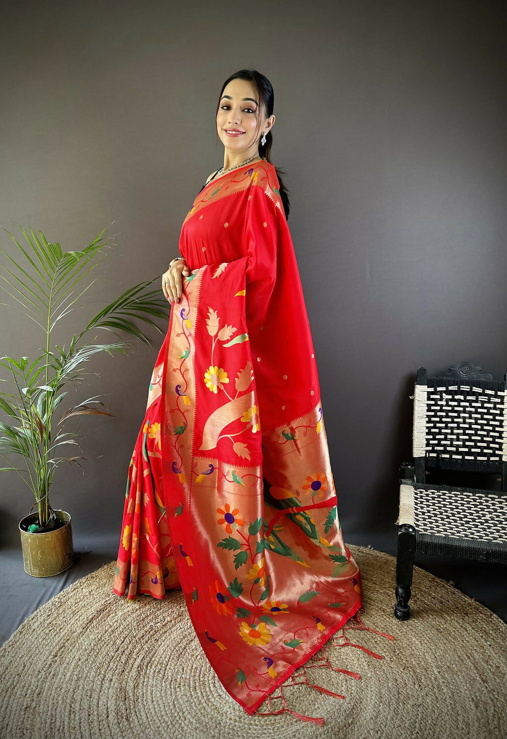 Red Zari Woven Floral Motifs Soft Silk Paithani Saree
