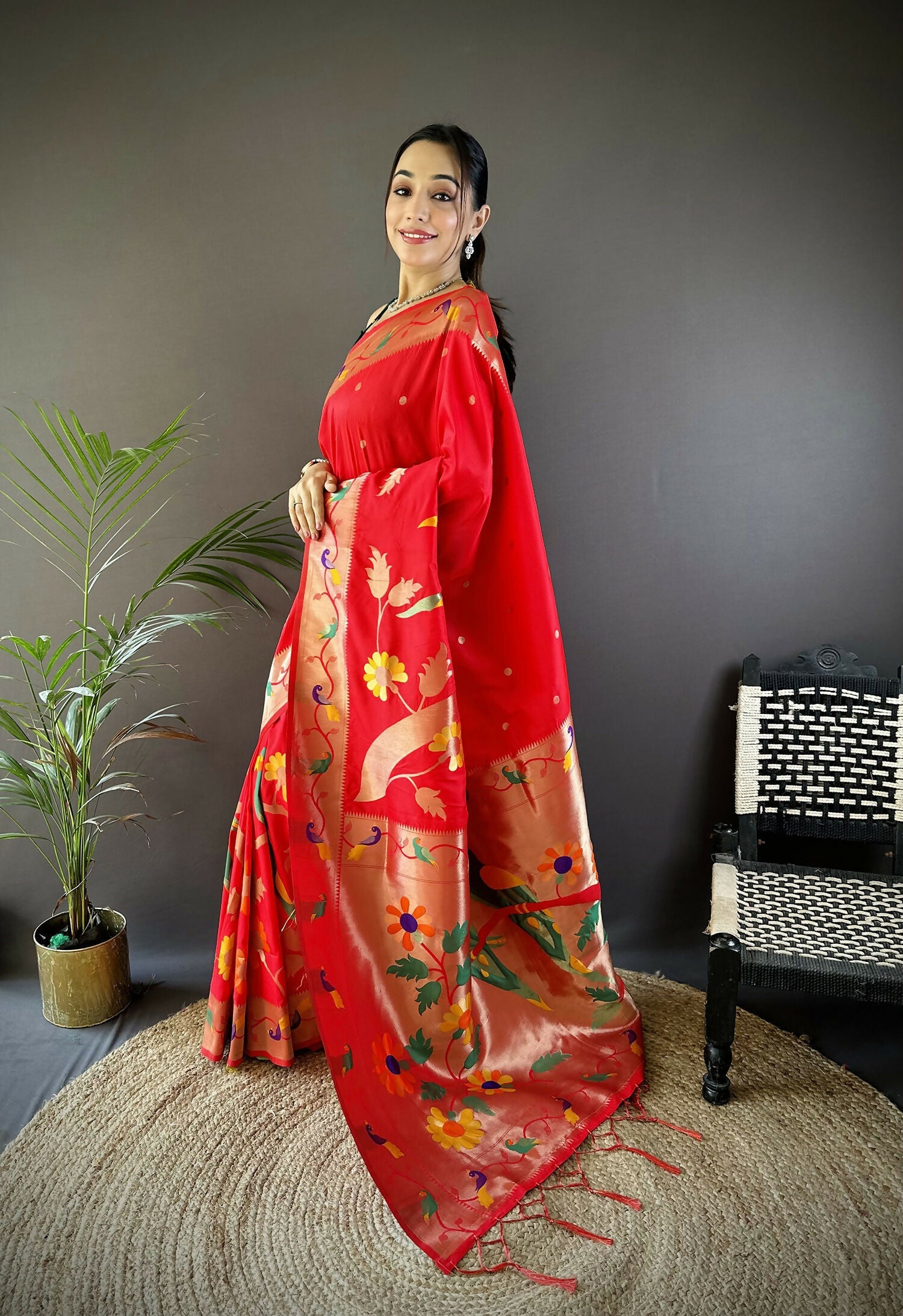 Red Zari Woven Floral Motifs Soft Silk Paithani Saree