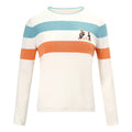 A woman wearing a cream knit sweater with blue and orange stripes and a small cartoon cat print on the chest.