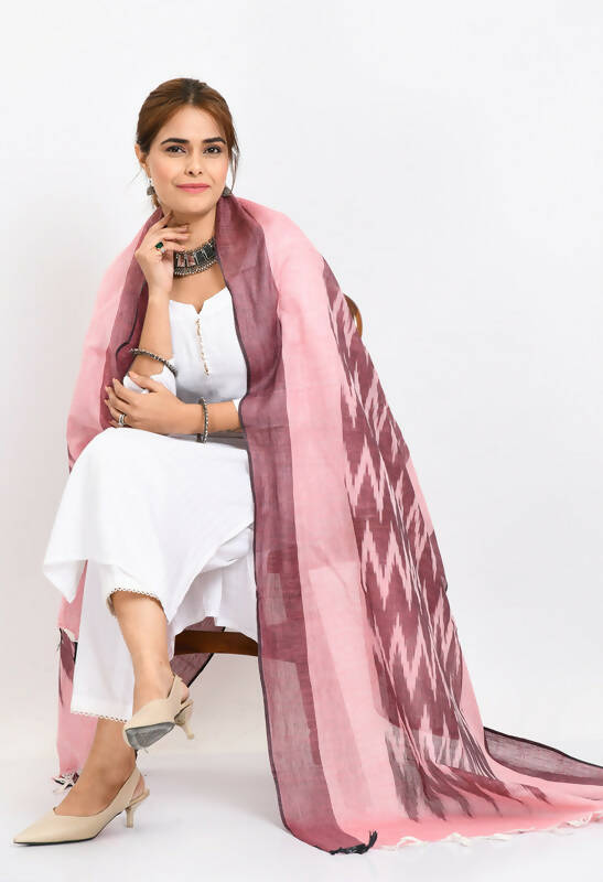 Handloom Cotton Ikkat Dupatta in Maroon with Light Pink