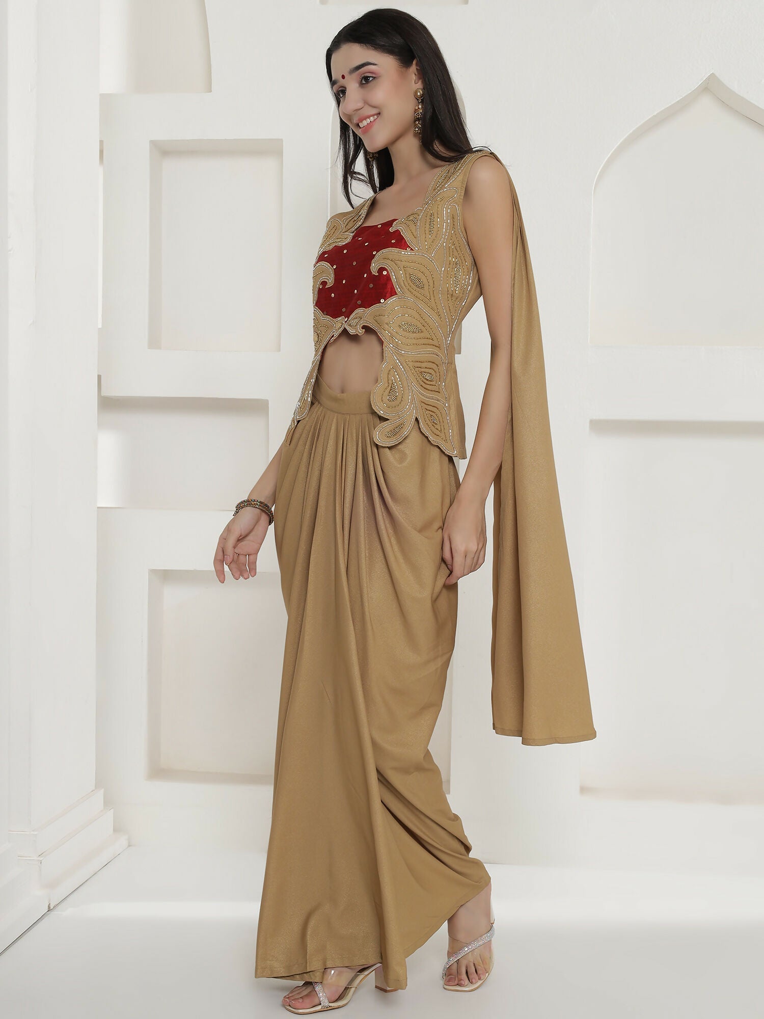 Golden Shimmer Chinnon Skirt Set with Hand Embellishment