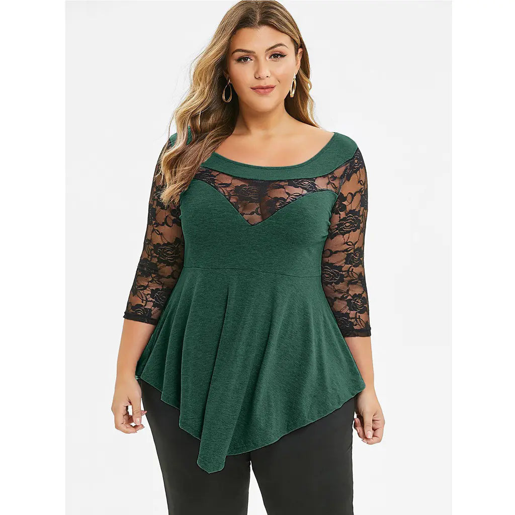 Spring Plus Size Floral Lace Top with Sheer Hem