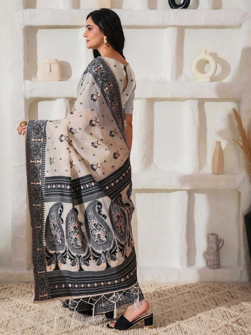 Black and Cream Linen Cotton Saree with Matching Blouse