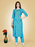Sky Blue calf-length straight kurta pant set with elegant embroidery