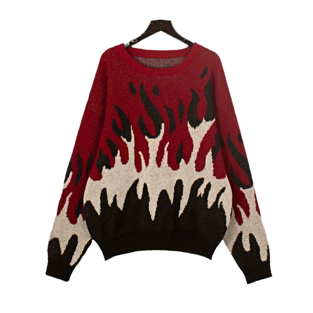 A long-sleeve round neck sweater with a vibrant flame pattern available in red, green, and purple options.