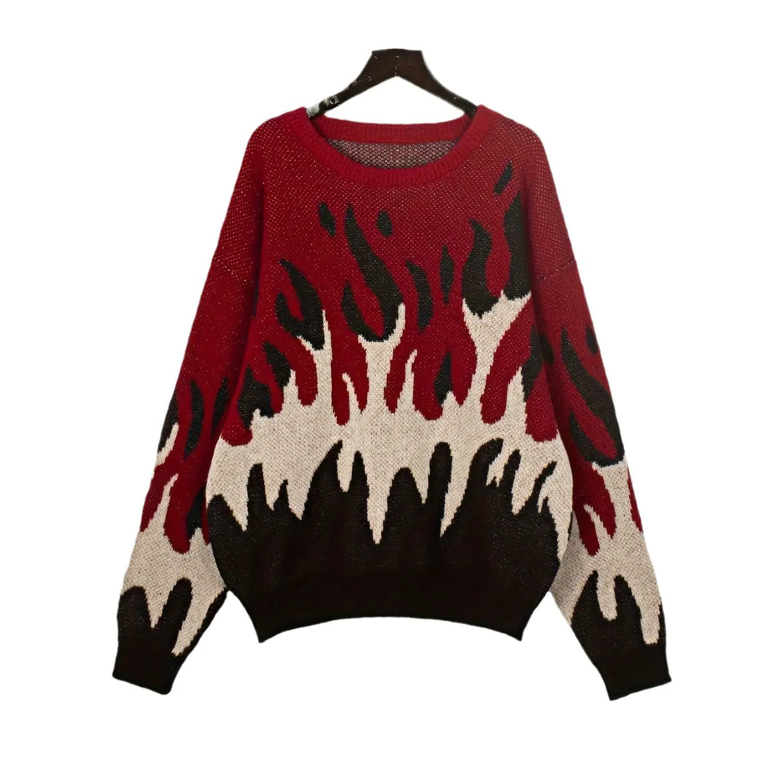 A long-sleeve round neck sweater with a vibrant flame pattern available in red, green, and purple options.