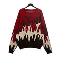 A long-sleeve round neck sweater with a vibrant flame pattern available in red, green, and purple options.