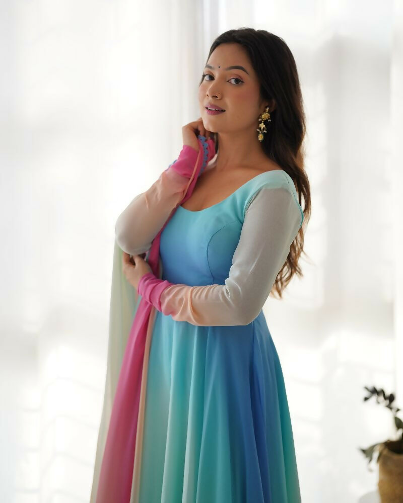 Sky Georgette Kurta Set with Sequence Embroidery 3-Piece Outfit