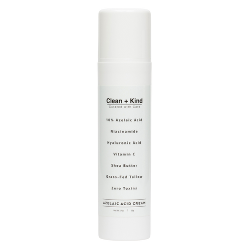 Bottle of Clean + Kind Azelaic Acid Cream featuring ingredients like 10% Azelaic Acid, Niacinamide, and Hyaluronic Acid.