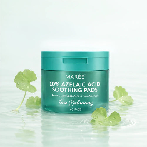 A jar of 10% Azelaic Acid Soothing Pads by Maree, featuring 60 toner pads for tone balancing and redness relief.