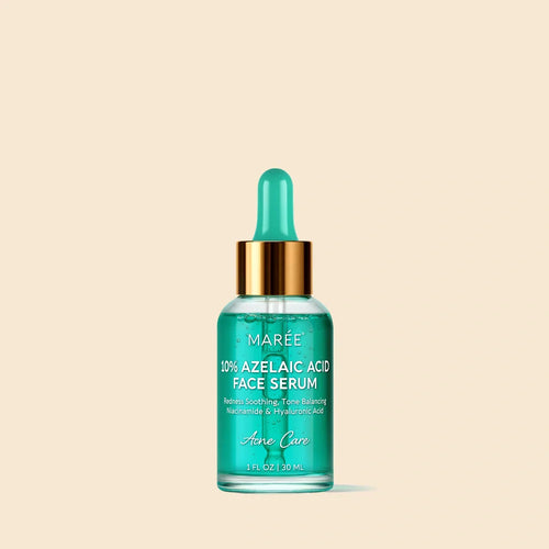 Bottle of Maree 10% Azelaic Acid Face Serum, 30ml, featuring active ingredients Niacinamide and Hyaluronic Acid.