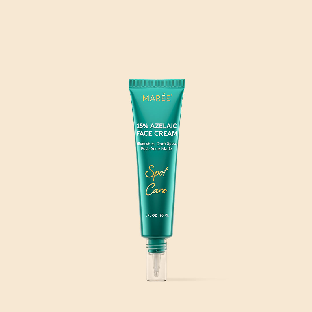 A tube of Maree 15% Azelaic Acid Face Cream held by a woman, showing the product is for blemishes, dark spots, and post-acne marks.