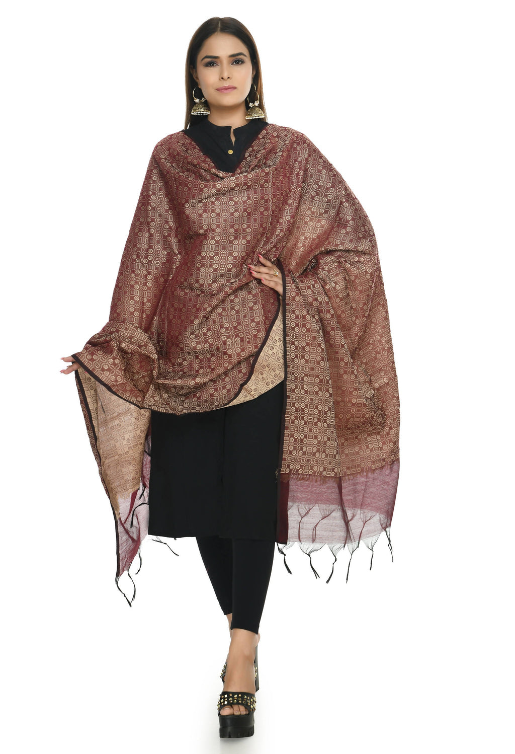 Dark maroon handloom cotton dupatta with natural weave texture