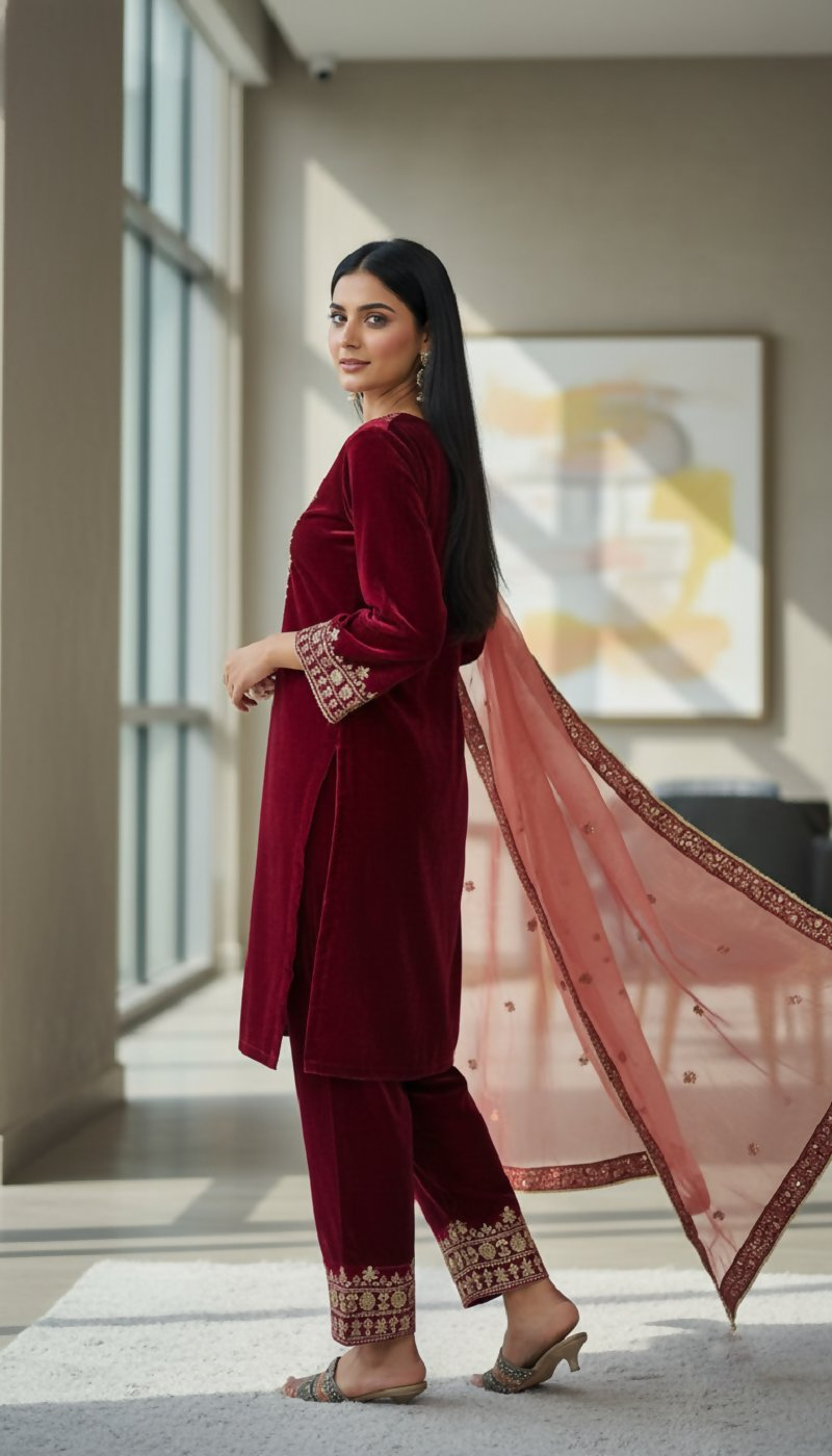 Maroon Velvet Embroidered Sequence Work Readymade Kurta Set