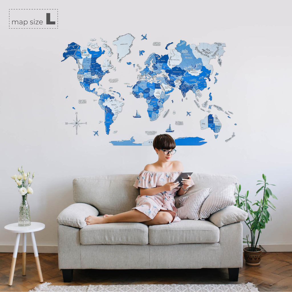 3D Wooden World Map Azure - Modern Geometric Wall Art